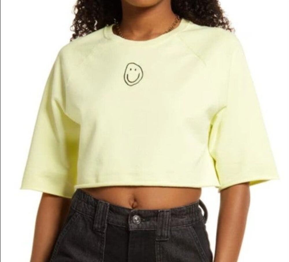 NWT Bp: melted smiley embroidered yellow crop top size s
